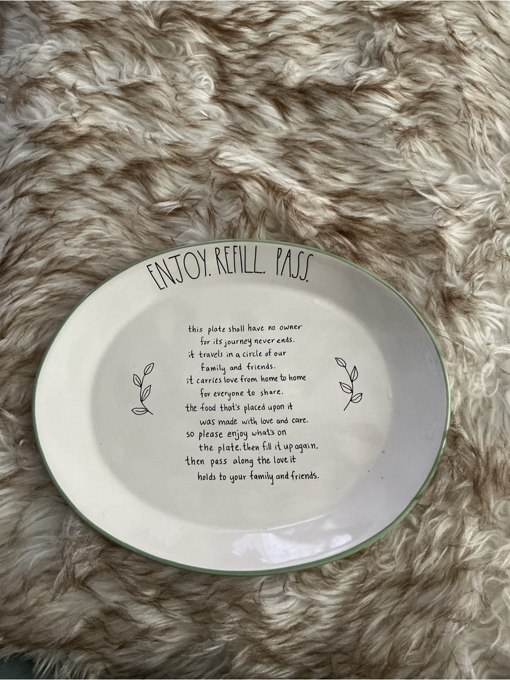 Rae Dunn Cream Ceramic Plate with Green Trim and Script